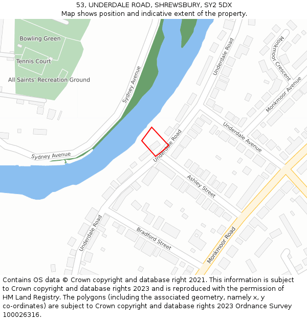 53, UNDERDALE ROAD, SHREWSBURY, SY2 5DX: Location map and indicative extent of plot