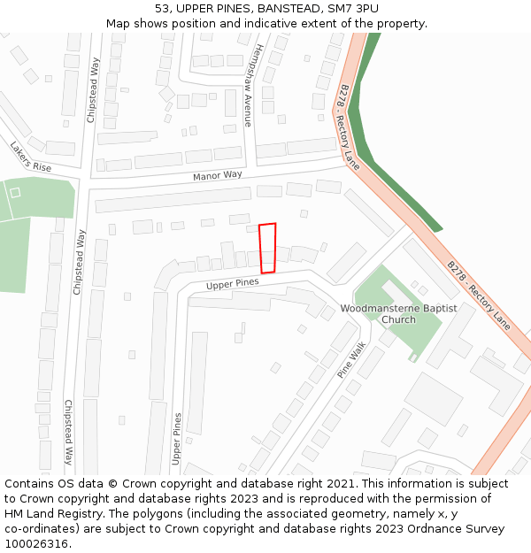 53, UPPER PINES, BANSTEAD, SM7 3PU: Location map and indicative extent of plot