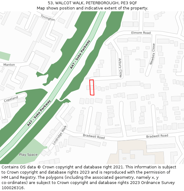 53, WALCOT WALK, PETERBOROUGH, PE3 9QF: Location map and indicative extent of plot