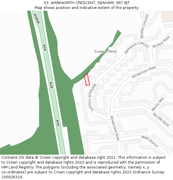 53, WARKWORTH CRESCENT, SEAHAM, SR7 8JT: Location map and indicative extent of plot