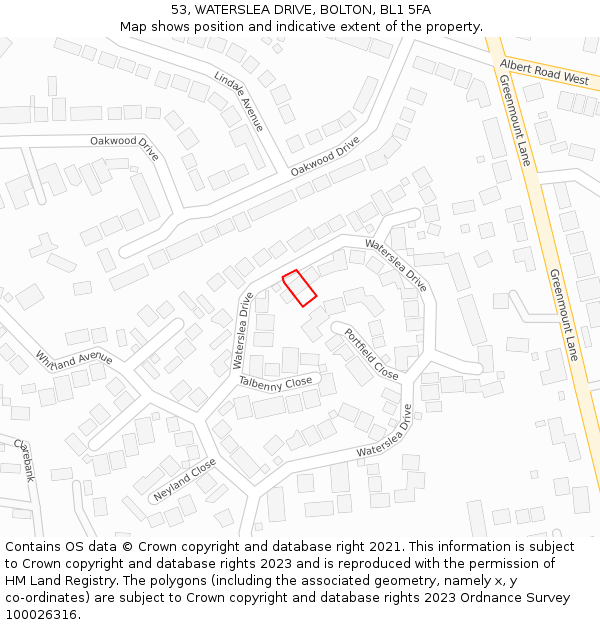 53, WATERSLEA DRIVE, BOLTON, BL1 5FA: Location map and indicative extent of plot