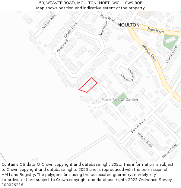 53, WEAVER ROAD, MOULTON, NORTHWICH, CW9 8QR: Location map and indicative extent of plot