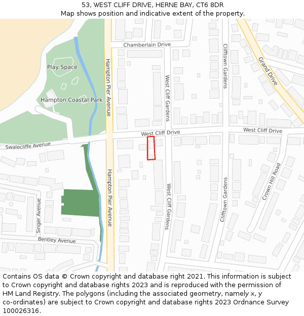 53, WEST CLIFF DRIVE, HERNE BAY, CT6 8DR: Location map and indicative extent of plot