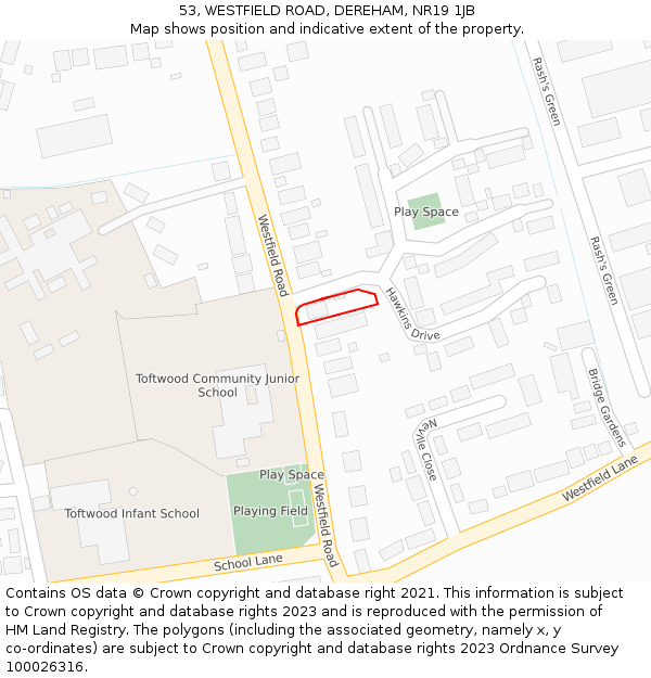 53, WESTFIELD ROAD, DEREHAM, NR19 1JB: Location map and indicative extent of plot