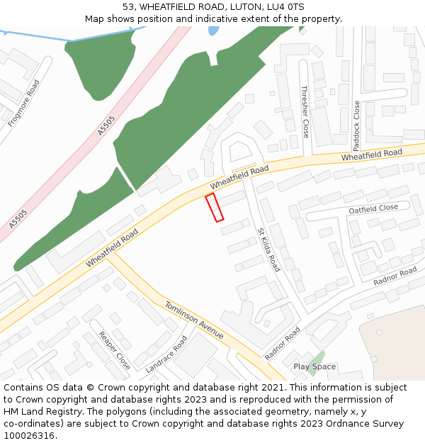 53, WHEATFIELD ROAD, LUTON, LU4 0TS: Location map and indicative extent of plot