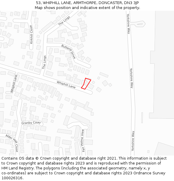 53, WHIPHILL LANE, ARMTHORPE, DONCASTER, DN3 3JP: Location map and indicative extent of plot