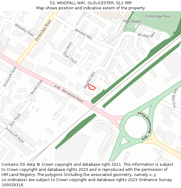 53, WINDFALL WAY, GLOUCESTER, GL2 0RP: Location map and indicative extent of plot