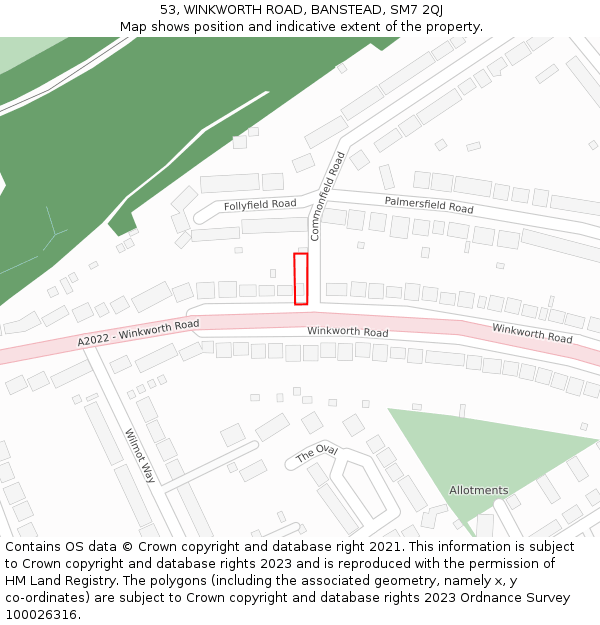 53, WINKWORTH ROAD, BANSTEAD, SM7 2QJ: Location map and indicative extent of plot