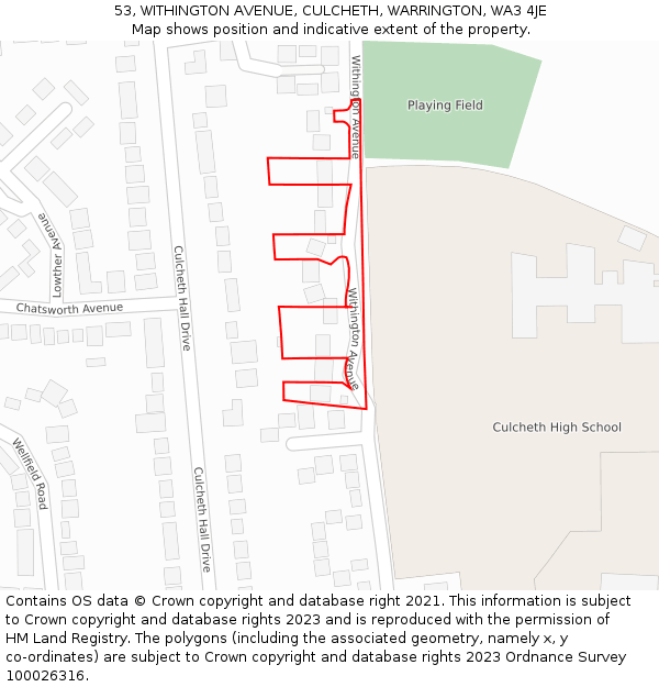 53, WITHINGTON AVENUE, CULCHETH, WARRINGTON, WA3 4JE: Location map and indicative extent of plot