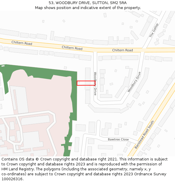 53, WOODBURY DRIVE, SUTTON, SM2 5RA: Location map and indicative extent of plot