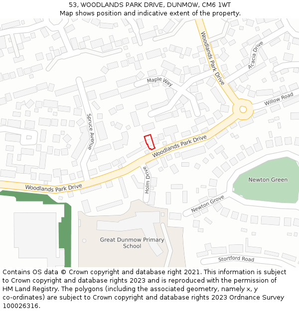 53, WOODLANDS PARK DRIVE, DUNMOW, CM6 1WT: Location map and indicative extent of plot