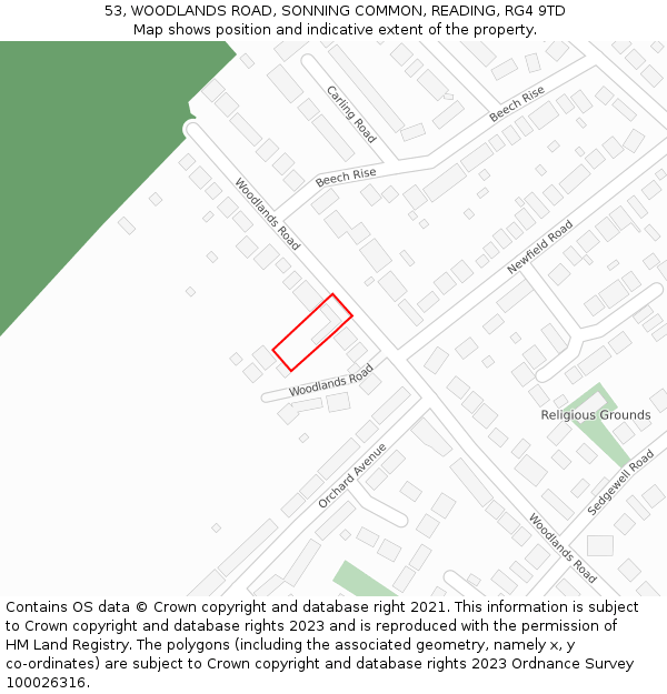 53, WOODLANDS ROAD, SONNING COMMON, READING, RG4 9TD: Location map and indicative extent of plot