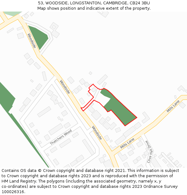 53, WOODSIDE, LONGSTANTON, CAMBRIDGE, CB24 3BU: Location map and indicative extent of plot