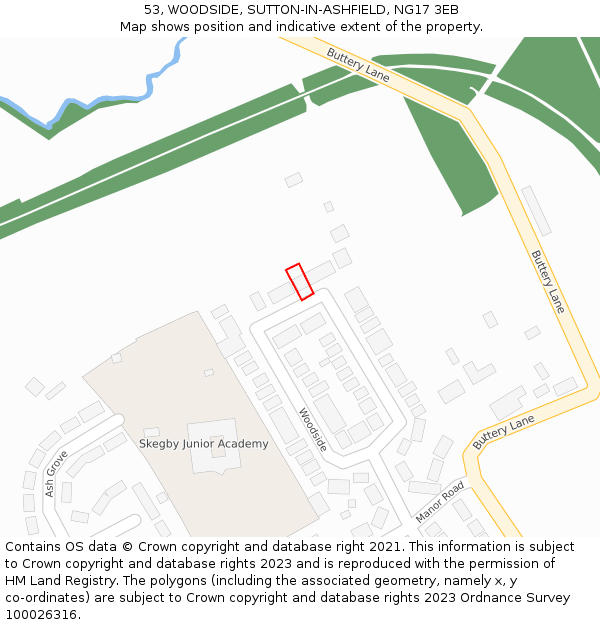 53, WOODSIDE, SUTTON-IN-ASHFIELD, NG17 3EB: Location map and indicative extent of plot