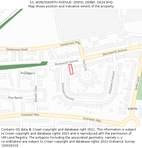 53, WORDSWORTH AVENUE, SINFIN, DERBY, DE24 9HQ: Location map and indicative extent of plot