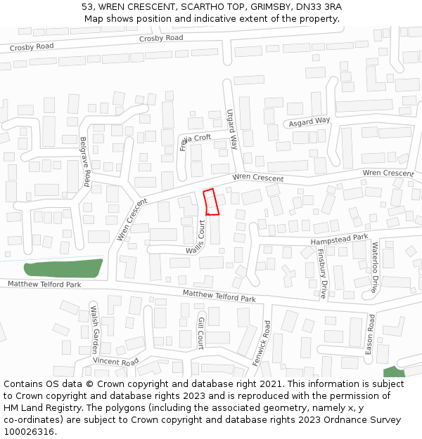 53, WREN CRESCENT, SCARTHO TOP, GRIMSBY, DN33 3RA: Location map and indicative extent of plot