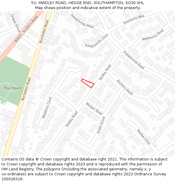53, YARDLEY ROAD, HEDGE END, SOUTHAMPTON, SO30 0HL: Location map and indicative extent of plot