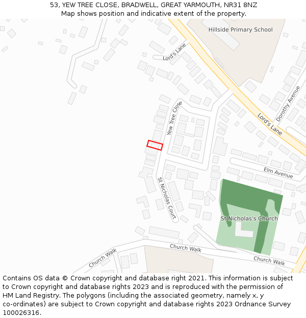 53, YEW TREE CLOSE, BRADWELL, GREAT YARMOUTH, NR31 8NZ: Location map and indicative extent of plot