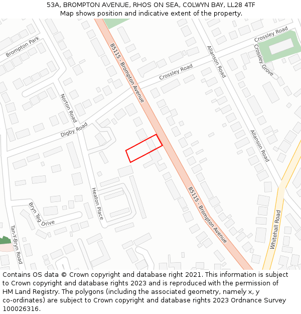 53A, BROMPTON AVENUE, RHOS ON SEA, COLWYN BAY, LL28 4TF: Location map and indicative extent of plot