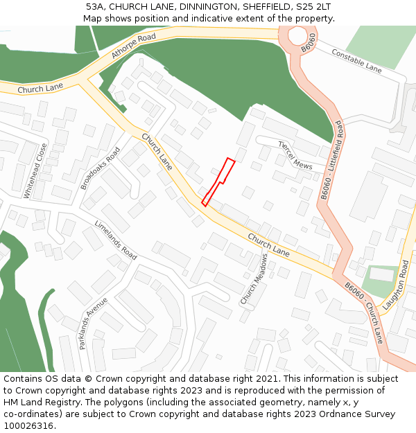 53A, CHURCH LANE, DINNINGTON, SHEFFIELD, S25 2LT: Location map and indicative extent of plot