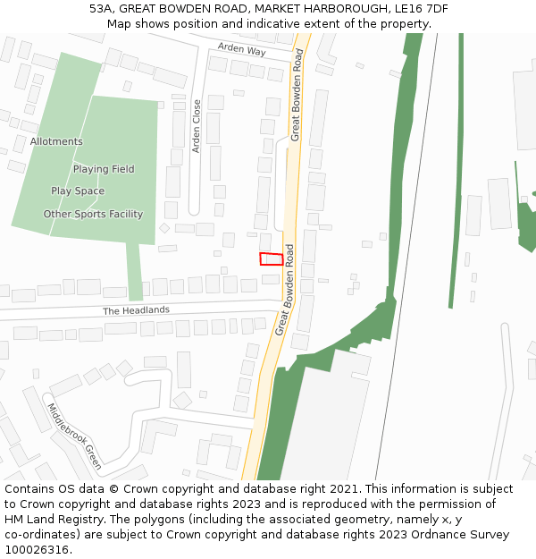 53A, GREAT BOWDEN ROAD, MARKET HARBOROUGH, LE16 7DF: Location map and indicative extent of plot