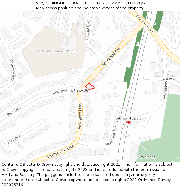 53A, SPRINGFIELD ROAD, LEIGHTON BUZZARD, LU7 2QS: Location map and indicative extent of plot