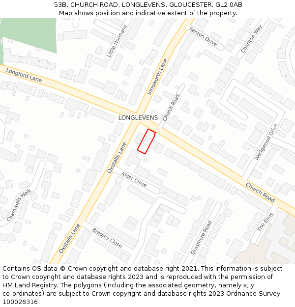 53B, CHURCH ROAD, LONGLEVENS, GLOUCESTER, GL2 0AB: Location map and indicative extent of plot