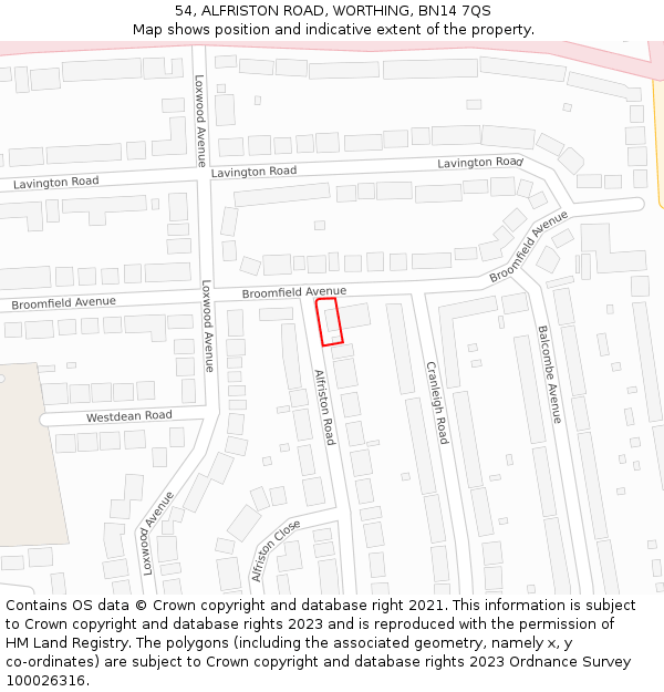 54, ALFRISTON ROAD, WORTHING, BN14 7QS: Location map and indicative extent of plot