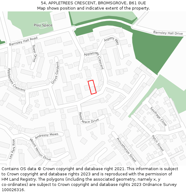 54, APPLETREES CRESCENT, BROMSGROVE, B61 0UE: Location map and indicative extent of plot