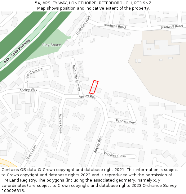 54, APSLEY WAY, LONGTHORPE, PETERBOROUGH, PE3 9NZ: Location map and indicative extent of plot