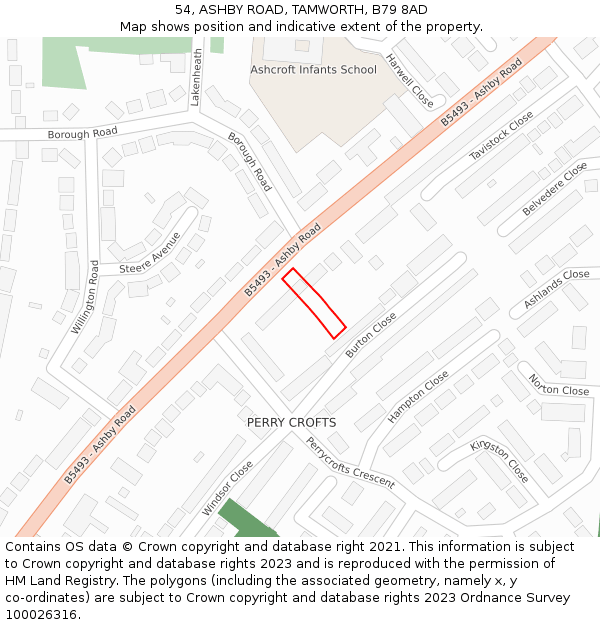 54, ASHBY ROAD, TAMWORTH, B79 8AD: Location map and indicative extent of plot