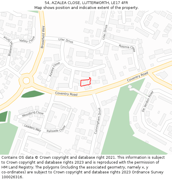 54, AZALEA CLOSE, LUTTERWORTH, LE17 4FR: Location map and indicative extent of plot