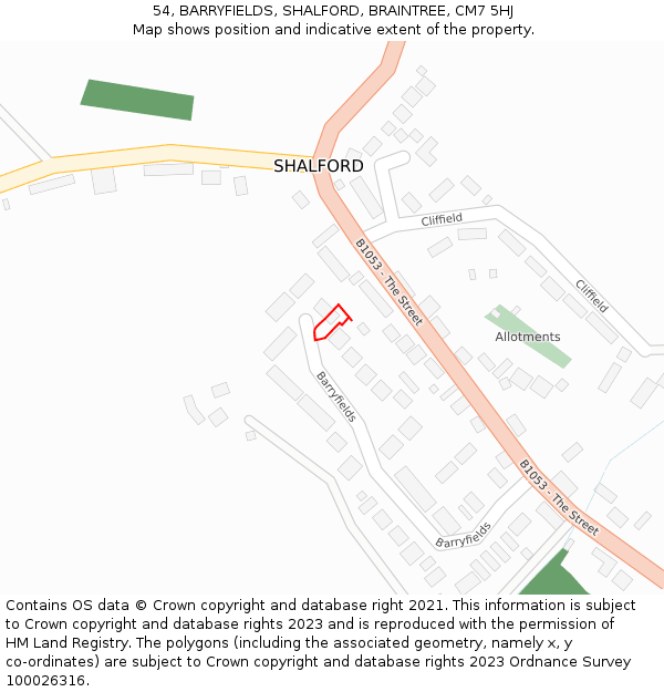 54, BARRYFIELDS, SHALFORD, BRAINTREE, CM7 5HJ: Location map and indicative extent of plot