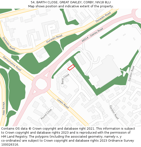 54, BARTH CLOSE, GREAT OAKLEY, CORBY, NN18 8LU: Location map and indicative extent of plot