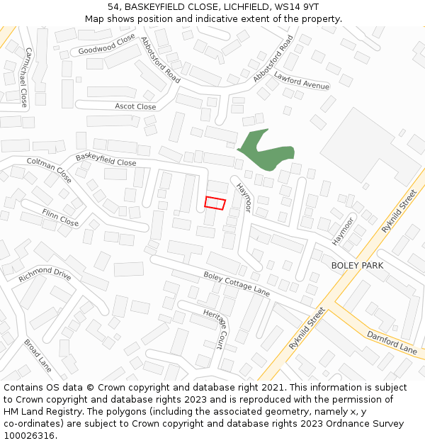 54, BASKEYFIELD CLOSE, LICHFIELD, WS14 9YT: Location map and indicative extent of plot