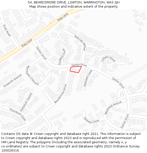 54, BEARDSMORE DRIVE, LOWTON, WARRINGTON, WA3 2JH: Location map and indicative extent of plot