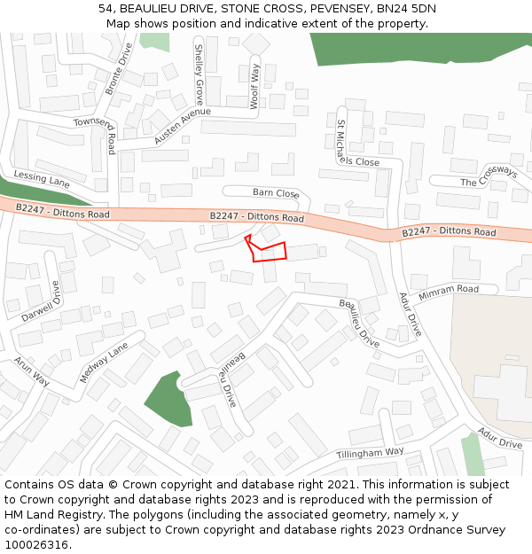 54, BEAULIEU DRIVE, STONE CROSS, PEVENSEY, BN24 5DN: Location map and indicative extent of plot