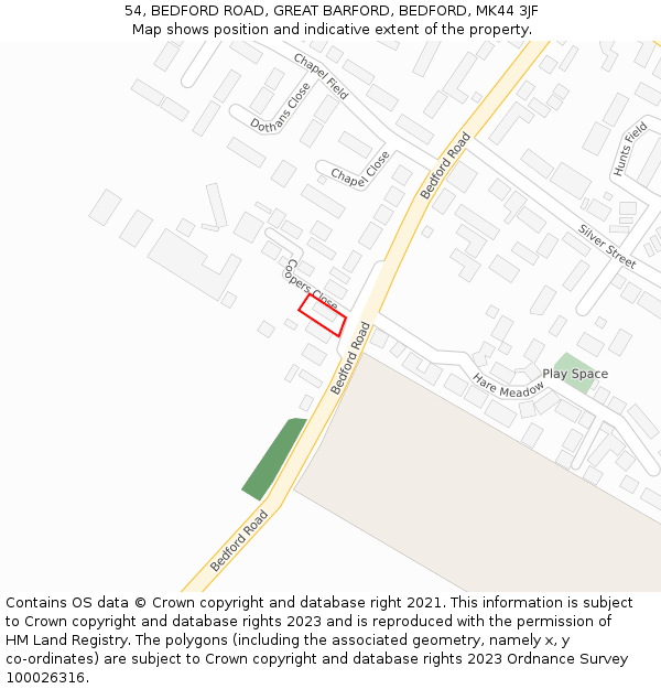 54, BEDFORD ROAD, GREAT BARFORD, BEDFORD, MK44 3JF: Location map and indicative extent of plot