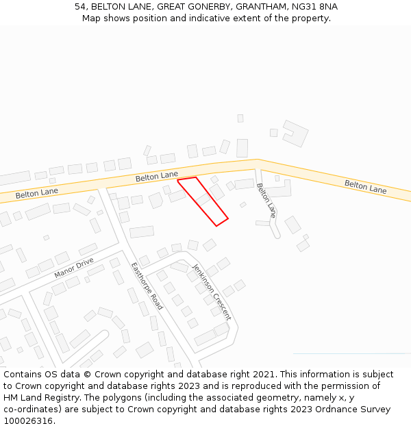 54, BELTON LANE, GREAT GONERBY, GRANTHAM, NG31 8NA: Location map and indicative extent of plot