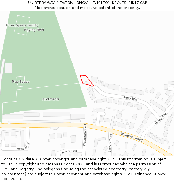 54, BERRY WAY, NEWTON LONGVILLE, MILTON KEYNES, MK17 0AR: Location map and indicative extent of plot