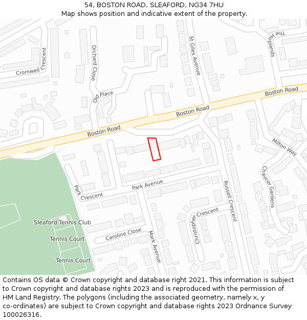 54, BOSTON ROAD, SLEAFORD, NG34 7HU: Location map and indicative extent of plot