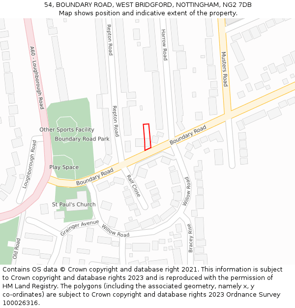 54, BOUNDARY ROAD, WEST BRIDGFORD, NOTTINGHAM, NG2 7DB: Location map and indicative extent of plot