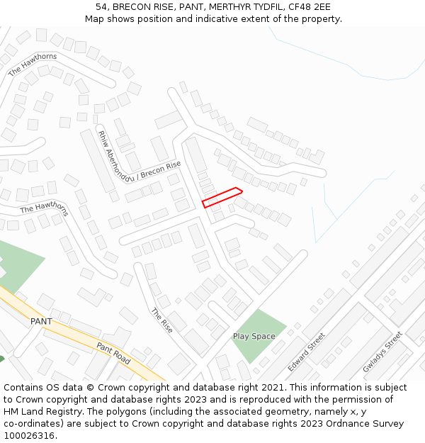 54, BRECON RISE, PANT, MERTHYR TYDFIL, CF48 2EE: Location map and indicative extent of plot