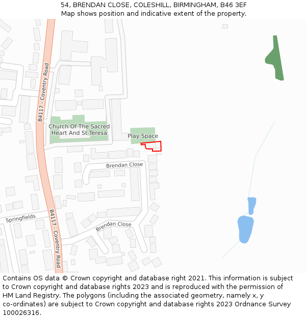 54, BRENDAN CLOSE, COLESHILL, BIRMINGHAM, B46 3EF: Location map and indicative extent of plot