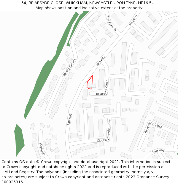 54, BRIARSYDE CLOSE, WHICKHAM, NEWCASTLE UPON TYNE, NE16 5UH: Location map and indicative extent of plot