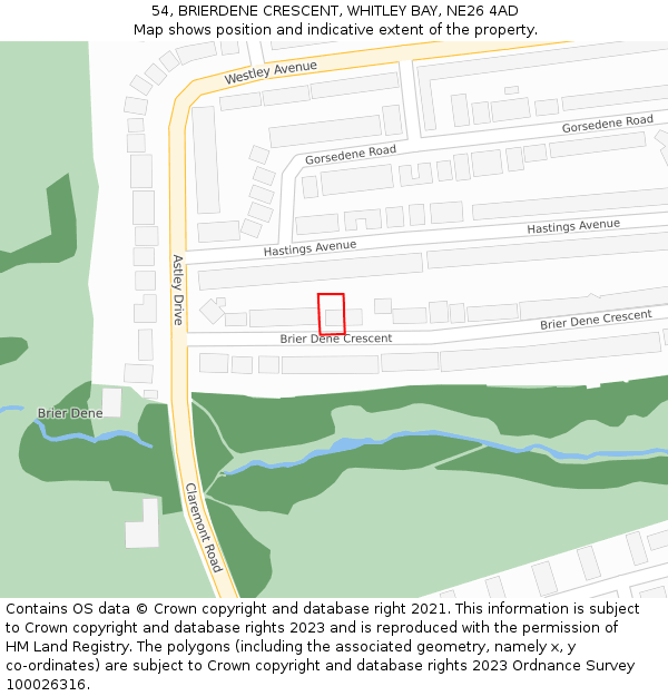 54, BRIERDENE CRESCENT, WHITLEY BAY, NE26 4AD: Location map and indicative extent of plot