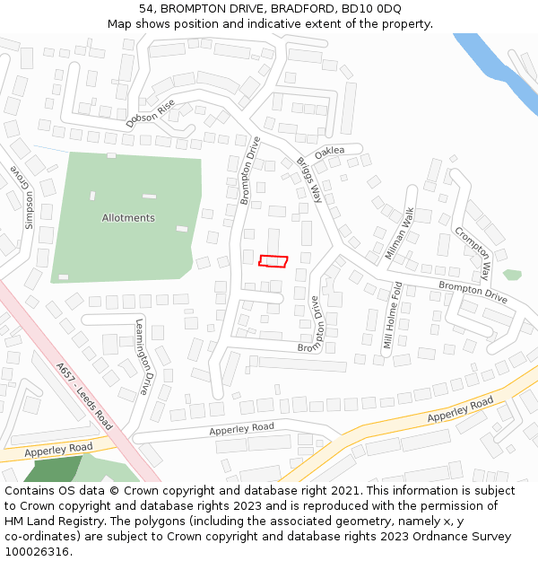 54, BROMPTON DRIVE, BRADFORD, BD10 0DQ: Location map and indicative extent of plot