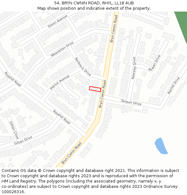 54, BRYN CWNIN ROAD, RHYL, LL18 4UB: Location map and indicative extent of plot