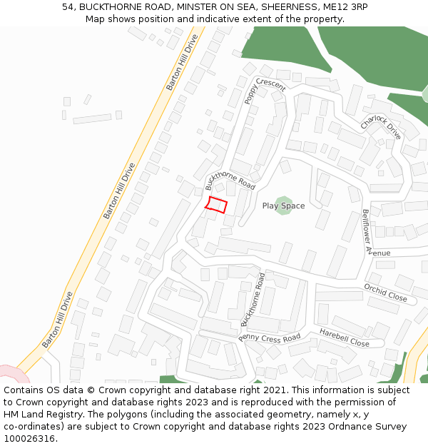 54, BUCKTHORNE ROAD, MINSTER ON SEA, SHEERNESS, ME12 3RP: Location map and indicative extent of plot