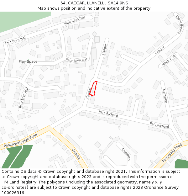 54, CAEGAR, LLANELLI, SA14 9NS: Location map and indicative extent of plot